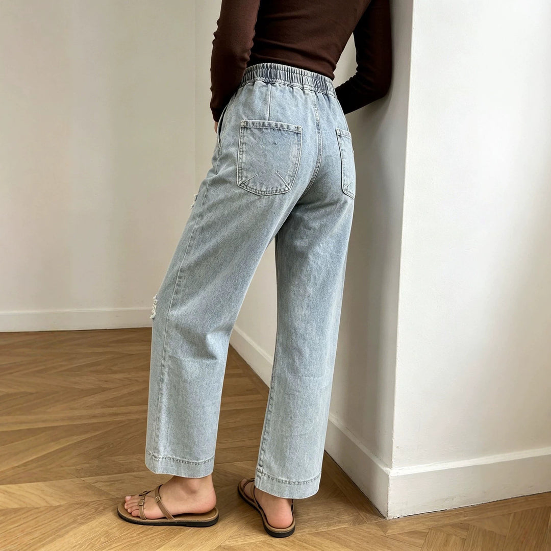 Damen nan weite Denimhose mit elastischem Kordelbund, Used-Effekten und lockerer Passform Echo Archiv