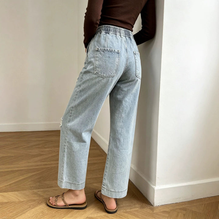 Damen nan weite Denimhose mit elastischem Kordelbund, Used-Effekten und lockerer Passform Echo Archiv