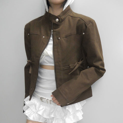 Damen nan taillierte Kurzjacke mit Stehkragen, Epauletten, Taillenriegeln und durchgehendem Reißverschluss Echo Archiv