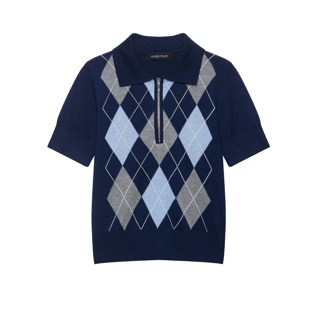 Damen Kurzarm-Polokragen-Strickpullover mit Rauten-Jacquard und Halbzip Echoarchiv