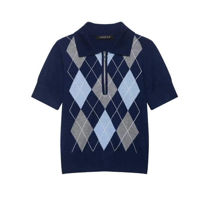 Damen Kurzarm-Polokragen-Strickpullover mit Rauten-Jacquard und Halbzip Echoarchiv