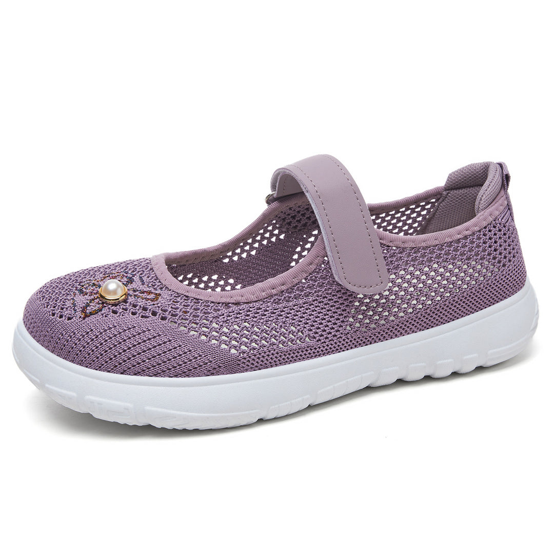 Damen nan gestrickter Mary-Jane-Sneaker mit Klettriemen, atmungsaktivem Strickoberteil, dekorativer Perlenapplikation und dämpfender EVA-Sohle Echo Archiv