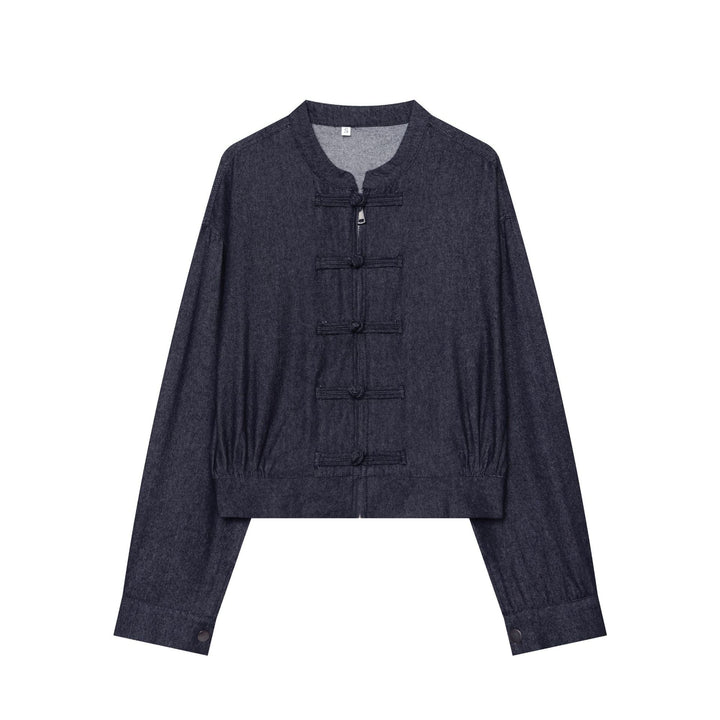 Damen Cropped Jeansjacke mit Stehkragen und chinesischen Knebelverschlüssen Echo Archiv