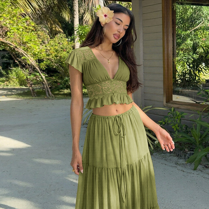 Damen Elegantes Maxikleid mit Spitzenoberteil und fließendem Saum Echo Archiv