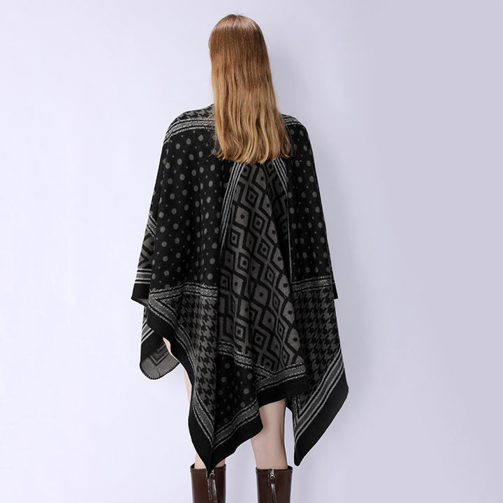 Damen Gewebter Jacquard‑Capeponcho mit Hahnentritt‑ und Ornamentmix Echo Archiv