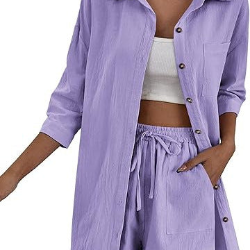 Damen Leichtes Longline-Hemdjacken-Set mit elastischer High-Waist-Shorts – Élanora