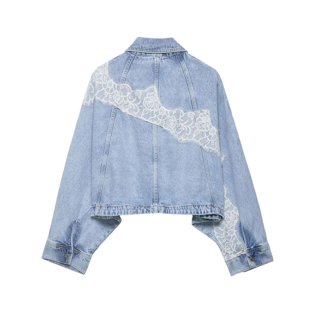 Damen nan oversized Denimjacke mit Spitzenbesatz, kastigem Cropped-Schnitt und überschnittenen Ärmeln Echo Archiv