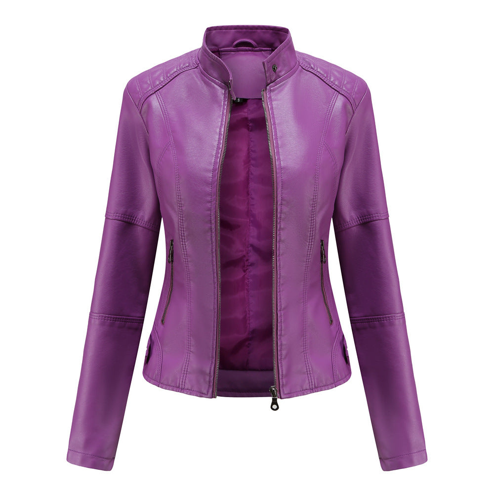 Damen nan schlanke Kunstlederjacke im Bikerstil mit Stehkragen und formenden Abnähern Echo Archiv