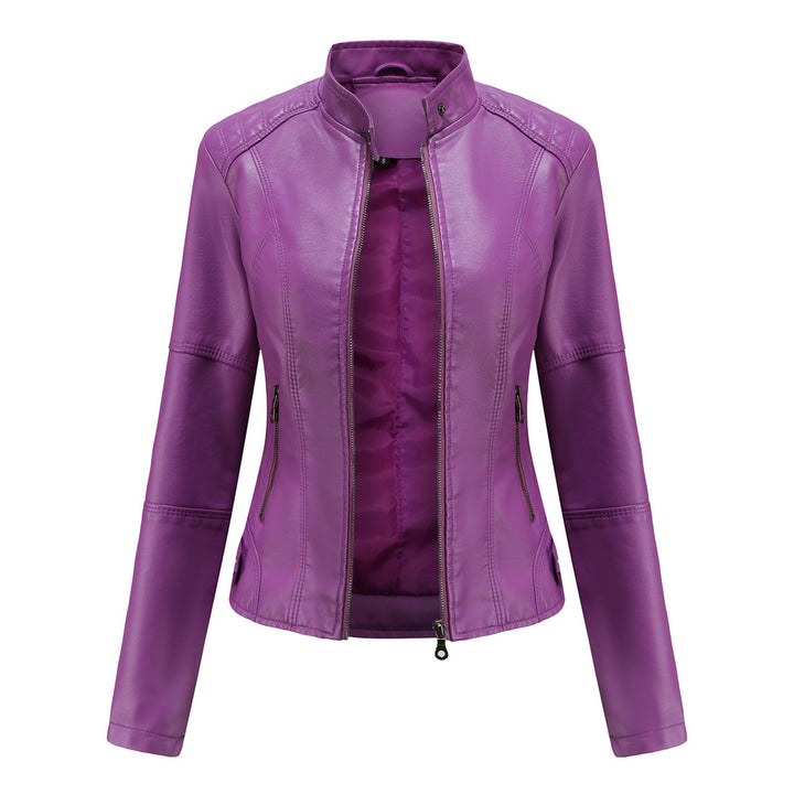 Damen nan schlanke Kunstlederjacke im Bikerstil mit Stehkragen und formenden Abnähern Echo Archiv