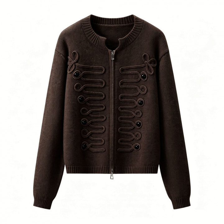 Damen Kurz geschnittene Strickjacke mit dekorativen Kordelapplikationen und Zwei-Wege‑Reißverschluss Echo Archiv