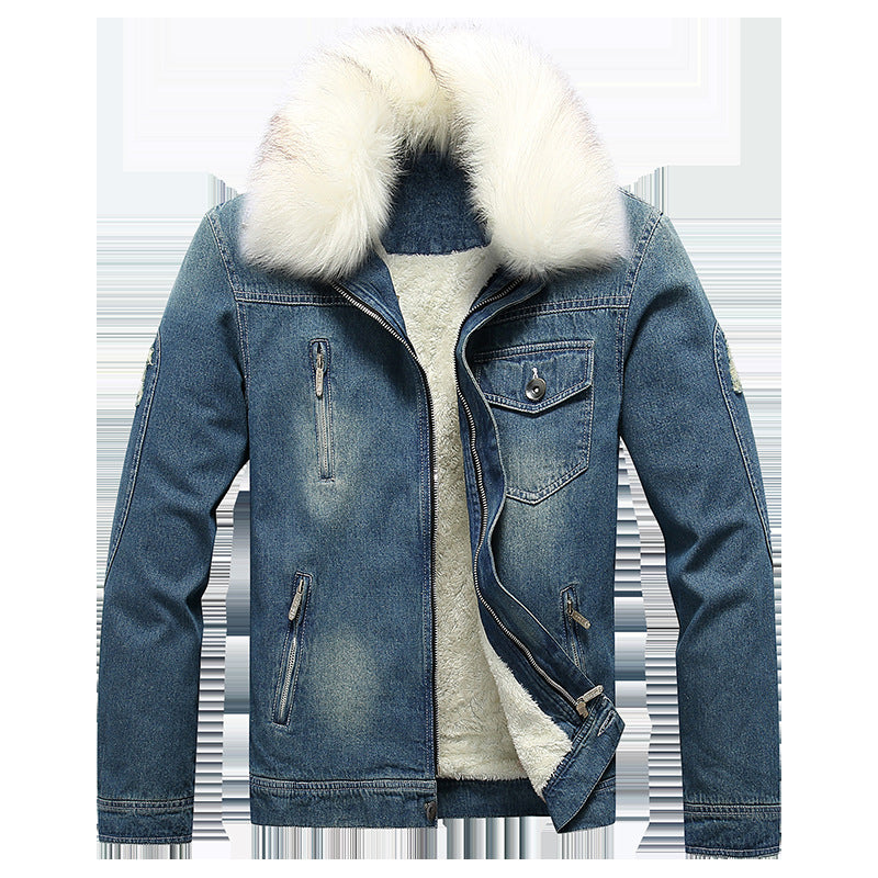 Herren Jeansjacke mit Teddyfutter, Kunstfellkragen und multifunktionalen Reißverschlusstaschen Echoarchiv
