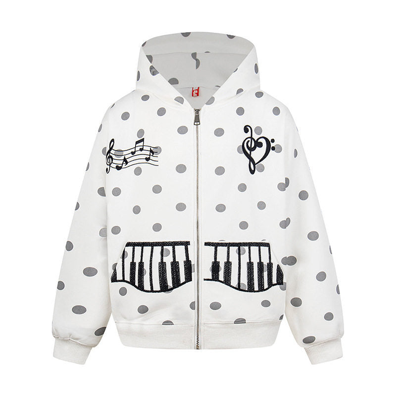 Damen Kapuzen-Sweatjacke im Retro-Punkte-Look mit gestickten Klavier-Taschen und Noten-Emblem Echoarchiv