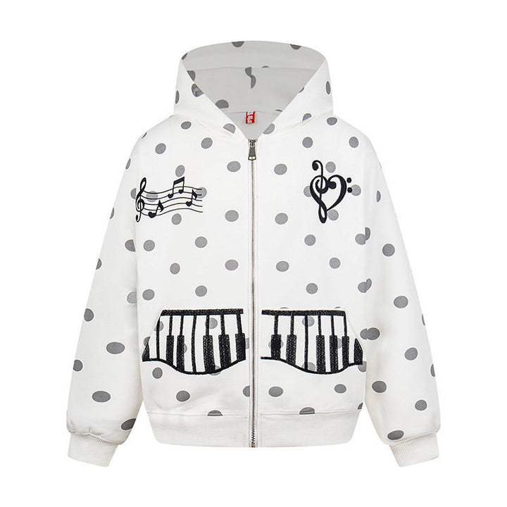 Damen Kapuzen-Sweatjacke im Retro-Punkte-Look mit gestickten Klavier-Taschen und Noten-Emblem Echoarchiv