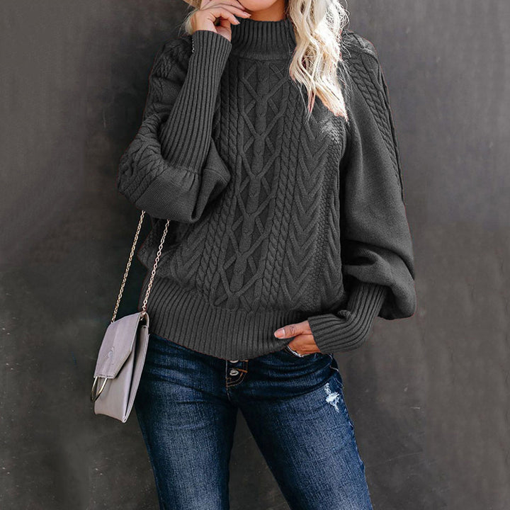 Damen nan Zopfmuster-Strickpullover mit Rollkragen und Ballonärmeln Echo Archiv