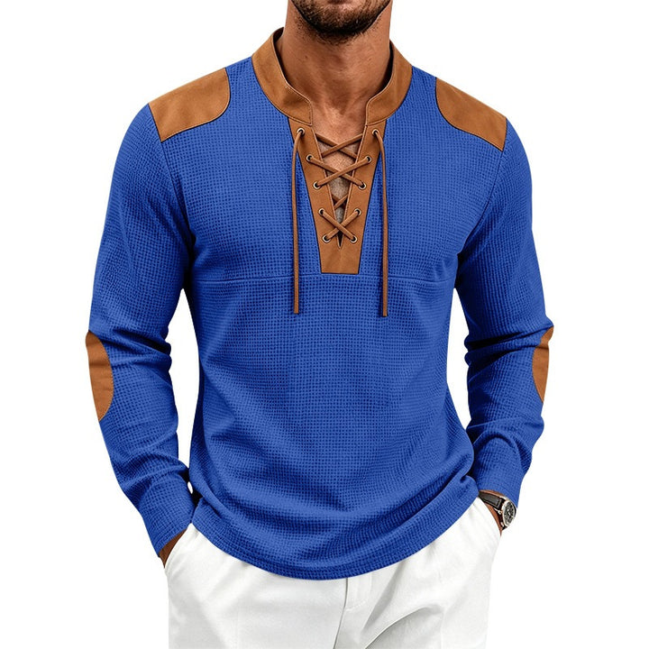 Herren Waffelstrick-Langarmshirt mit Schnürkragen und Kunstleder-Patches Echoarchiv