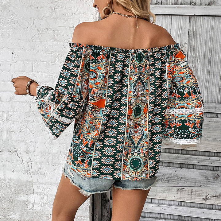 Damen Schulterfreies Boho-Blusenshirt mit Paisley- und Blumenprint, Gummizug und BindEchoarchivand Echoarchiv