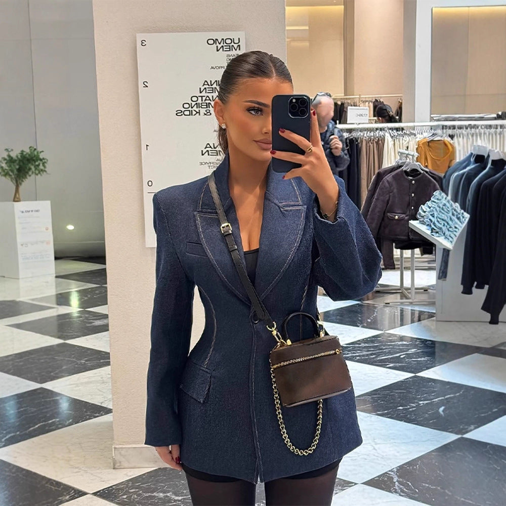 Damen taillierter Jeansblazer mit geschwungenem Revers Echoarchiv