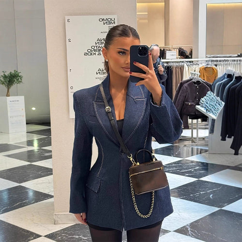 Damen taillierter Jeansblazer mit geschwungenem Revers Echoarchiv