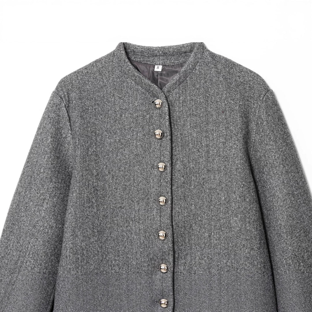 Damen Kurze Boxy‑Wollmix‑Jacke mit Rundhals und dekorativen Metallknöpfen Echoarchiv