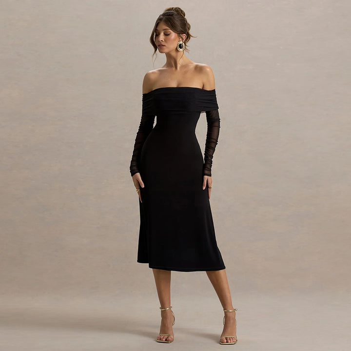 Damen elegantes schulterfreies Midikleid mit Rüschendetails und transparenten Ärmeln Echo Archiv