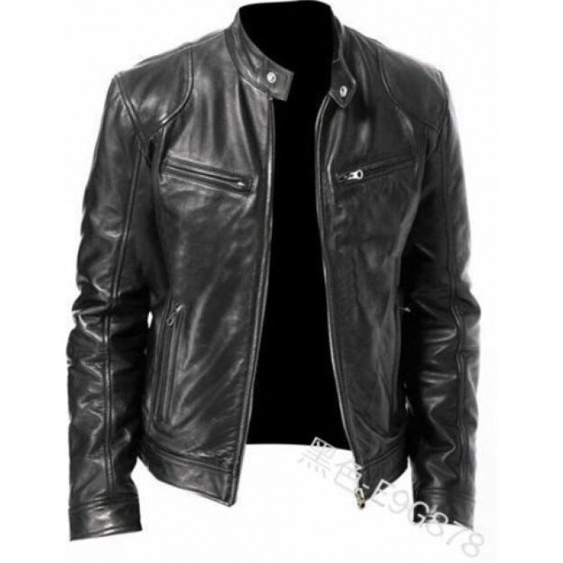 Herren nan schlanke Echtleder-Bikerjacke mit Stehkragen, zwei Brust-Reißverschlusstaschen und geradliniger Silhouette Echo Archiv