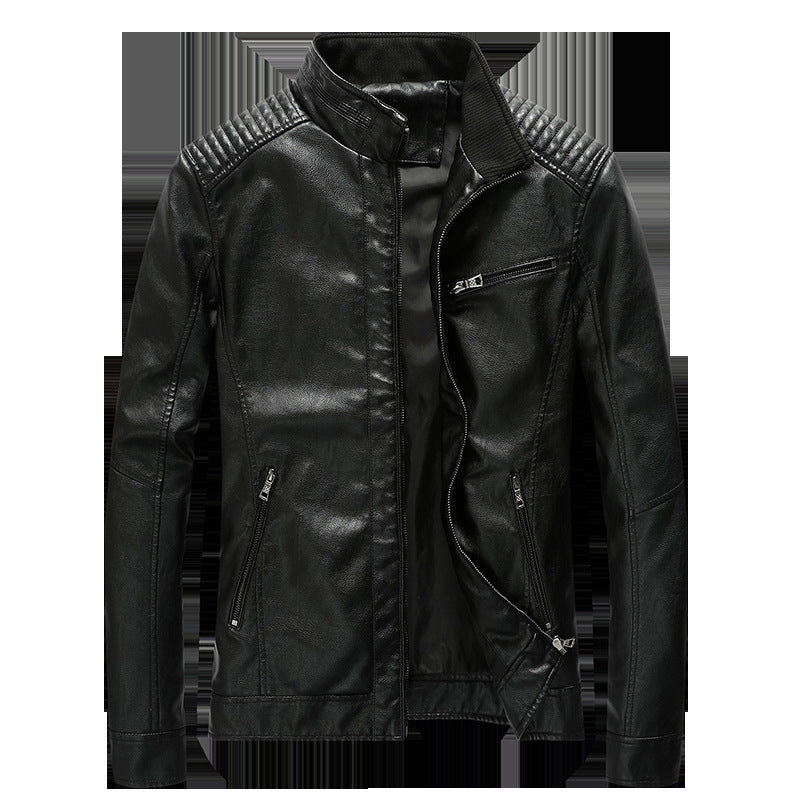 Herren Kunstleder-Motojacke mit Stehkragen, Schultersteppungen und Reißverschlusstaschen Echoarchiv
