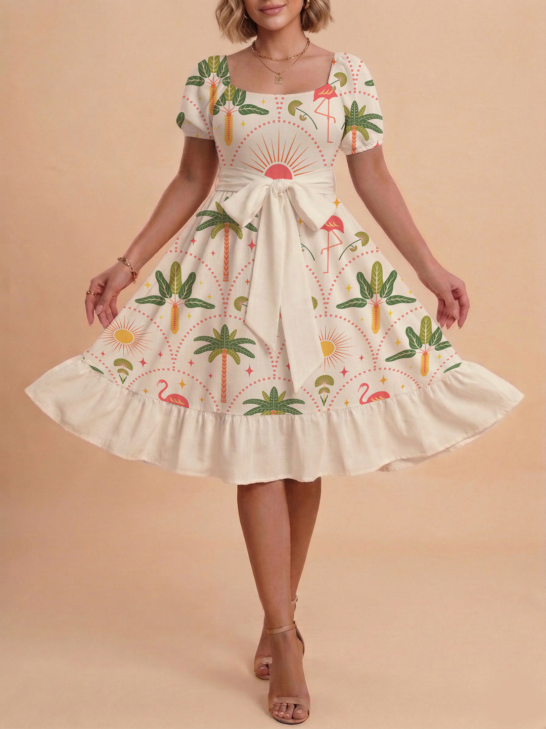 Damen A-Linien-Kleid mit floralen Motiven und taillierbarem Gürtel Echo Archiv