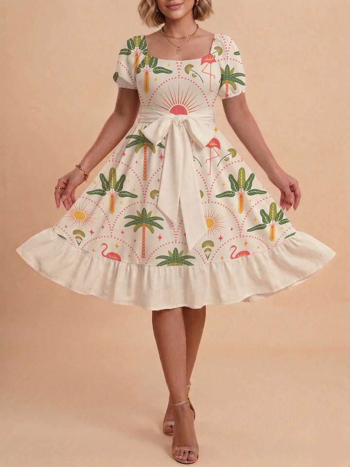 Damen A-Linien-Kleid mit floralen Motiven und taillierbarem Gürtel Echo Archiv