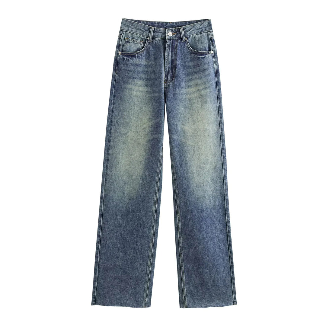 Damen hochgeschnittene weite Denimjeans mit geradem Bein und Fransensaum – Dénora