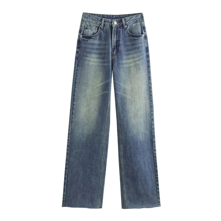 Damen hochgeschnittene weite Denimjeans mit geradem Bein und Fransensaum – Dénora