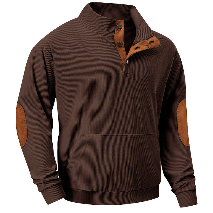 Herren Strukturiertes Ripp-Henley-Sweatshirt mit Stehkragen, Kängurutasche & Velours-Ellbogenpatches – Cavarno