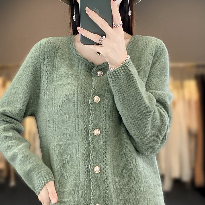 Damen Verzierter Strickcardigan mit Perlenknöpfen und Ajour‑Stickerei Echoarchiv