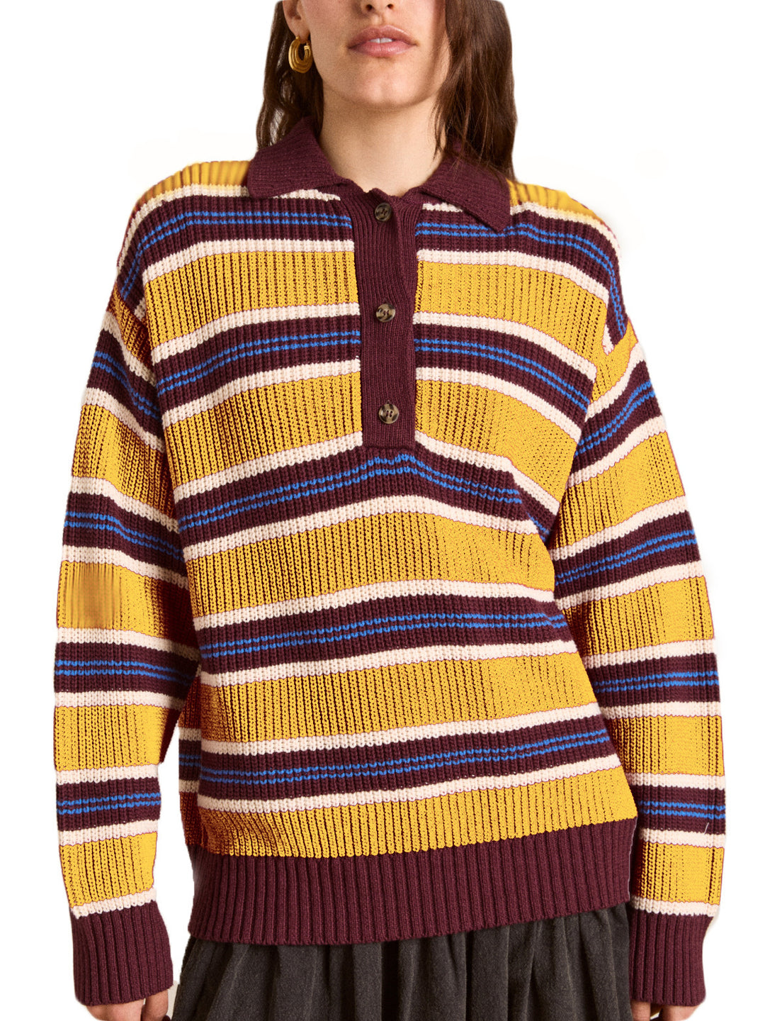 Damen Oversize Strickpullover mit Polokragen & mehrlagigem Streifenrelief Echoarchiv
