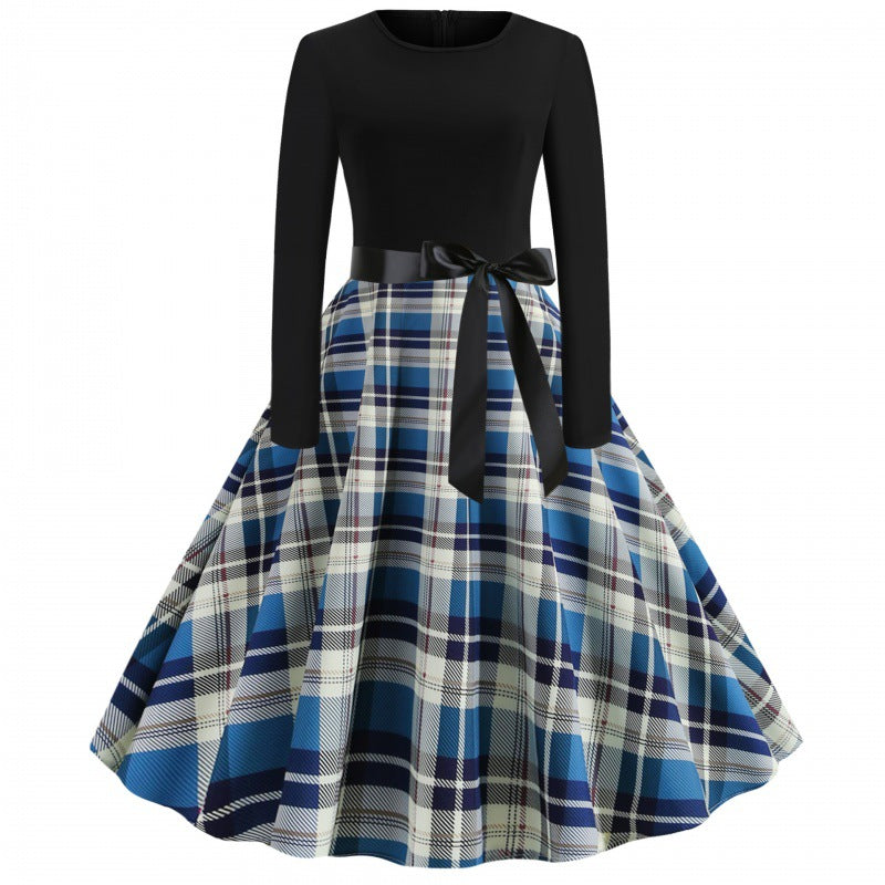 Damen Vintage Tellerrockkleid mit Karo-Tellerrock, figurbetontem Langarmoberteil und Satinschärpe – Valéora