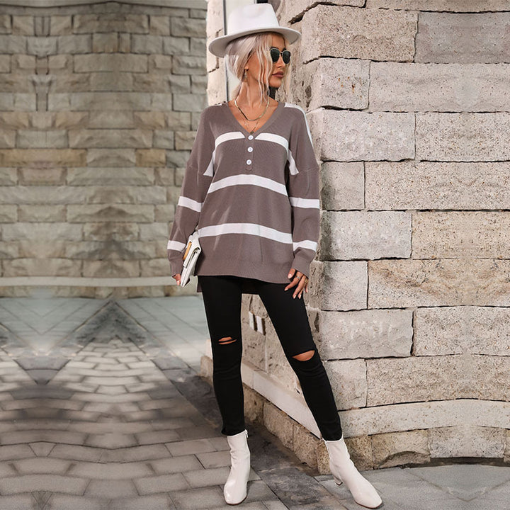 Damen Oversize V-Ausschnitt Strickpullover mit Knopfleiste und Blockstreifen Echoarchiv