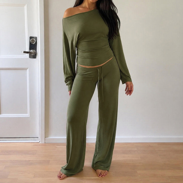 Damen Lounge-Set mit Off-Shoulder-Stretchtop und weiter Kordelbundhose Echo Archiv