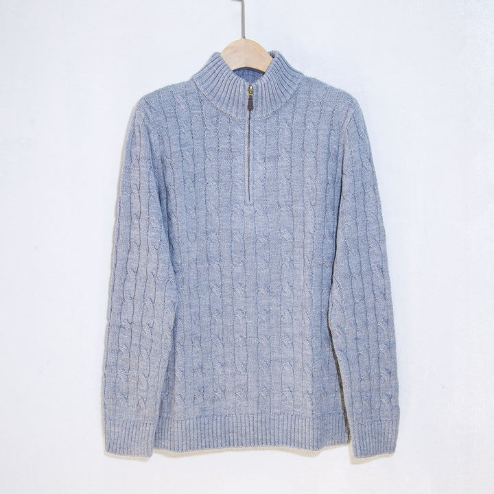 Herren eleganter Strickpullover mit halbem Reißverschluss und Zopfstrickmuster Echoarchiv