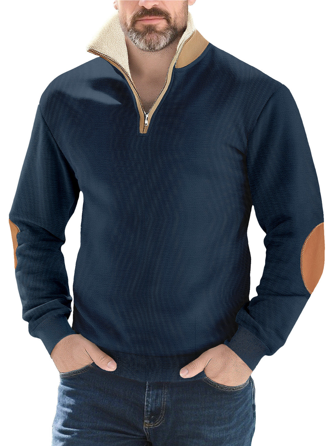 Herren nan Strukturstrick-Halbzipppullover mit wärmendem Sherpa-Kragen und Velours-Ellenbogenapplikation Echo Archiv