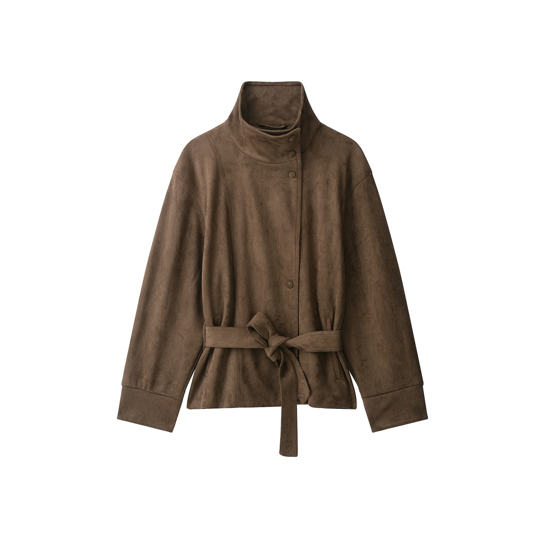 Damen Kurze Velourslederjacke mit hohem Stehkragen und Bindegürtel Echo Archiv