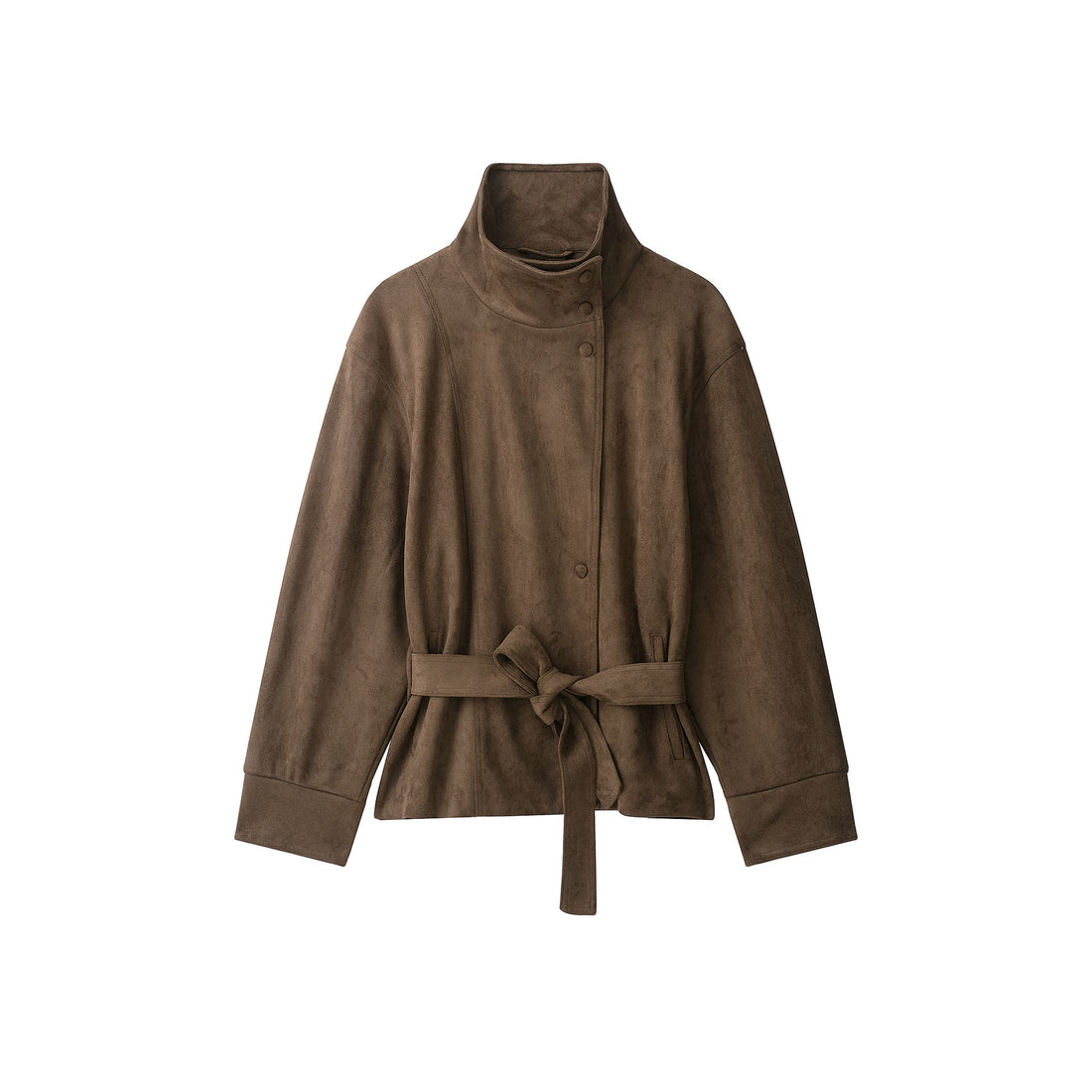 Damen Kurze Velourslederjacke mit hohem Stehkragen und Bindegürtel Echo Archiv