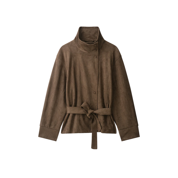 Damen Kurze Velourslederjacke mit hohem Stehkragen und Bindegürtel Echo Archiv