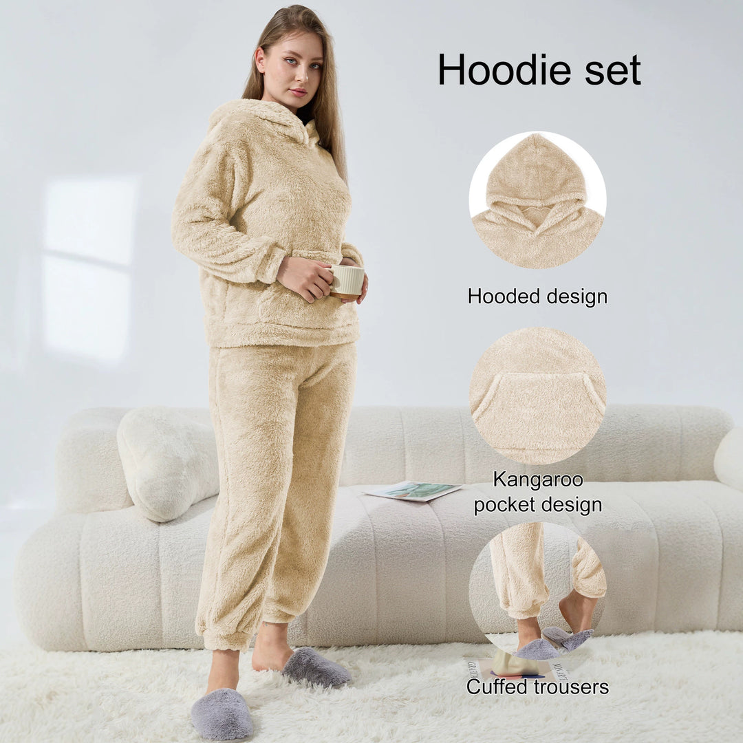 Damen Kuscheliges Teddy-Fleece Lounge-Set mit Kapuze und Kängurutasche – Auréline