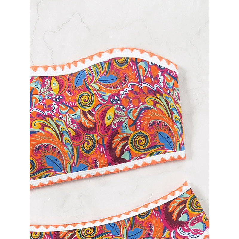 Damen Bandeau-Bikini mit buntem Psychedelic-Design und eleganten Rüschen Echo Archiv