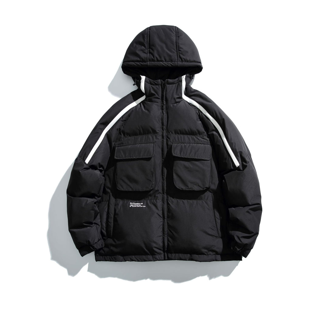 Unisex Kurz geschnittener Boxy-Puffer mit Kapuze, Kontraststreifen und großen Klappentaschen Echoarchiv