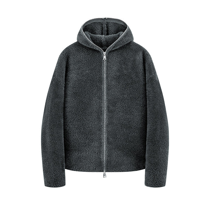 Damen Kurz geschnittene Teddy-Fleece-Kapuzenjacke mit Metall-Reißverschluss Echoarchiv
