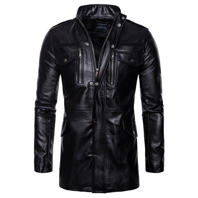 Herren modischer Leder-Trenchcoat mit praktischen Taschen und doppeltem Reißverschluss Echoarchiv