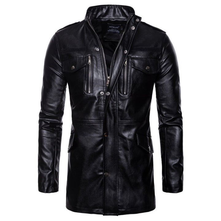 Herren modischer Leder-Trenchcoat mit praktischen Taschen und doppeltem Reißverschluss Echoarchiv