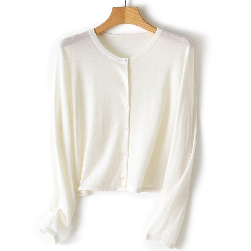Damen leichte kurz geschnittene Feinstrick-Cardigan mit Rundhalsausschnitt und Knopfleiste Echoarchiv