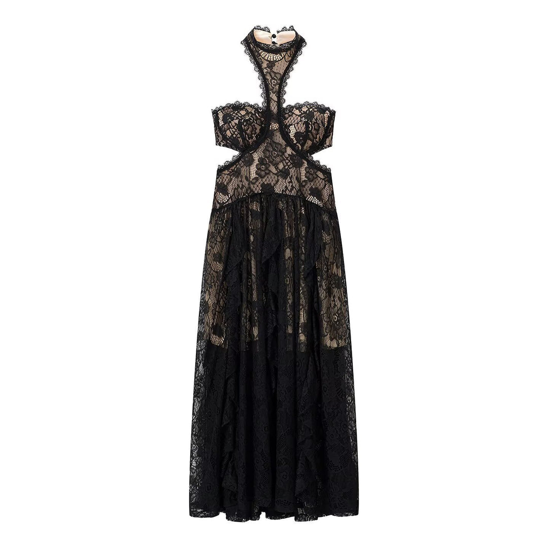 Damen Spitzenmaxikleid mit raffinierten Rüschendetails und elegantem Halterneck Echo Archiv