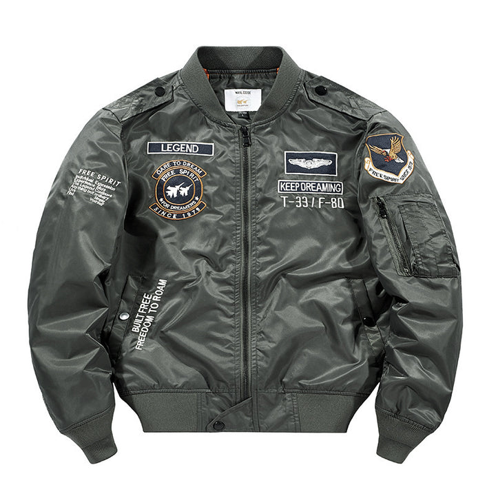 Herren Flight‑Bomberjacke mit Patch‑Applikationen, Ärmel‑Utilitytasche und orangefarbenem Innenfutter – Brevano